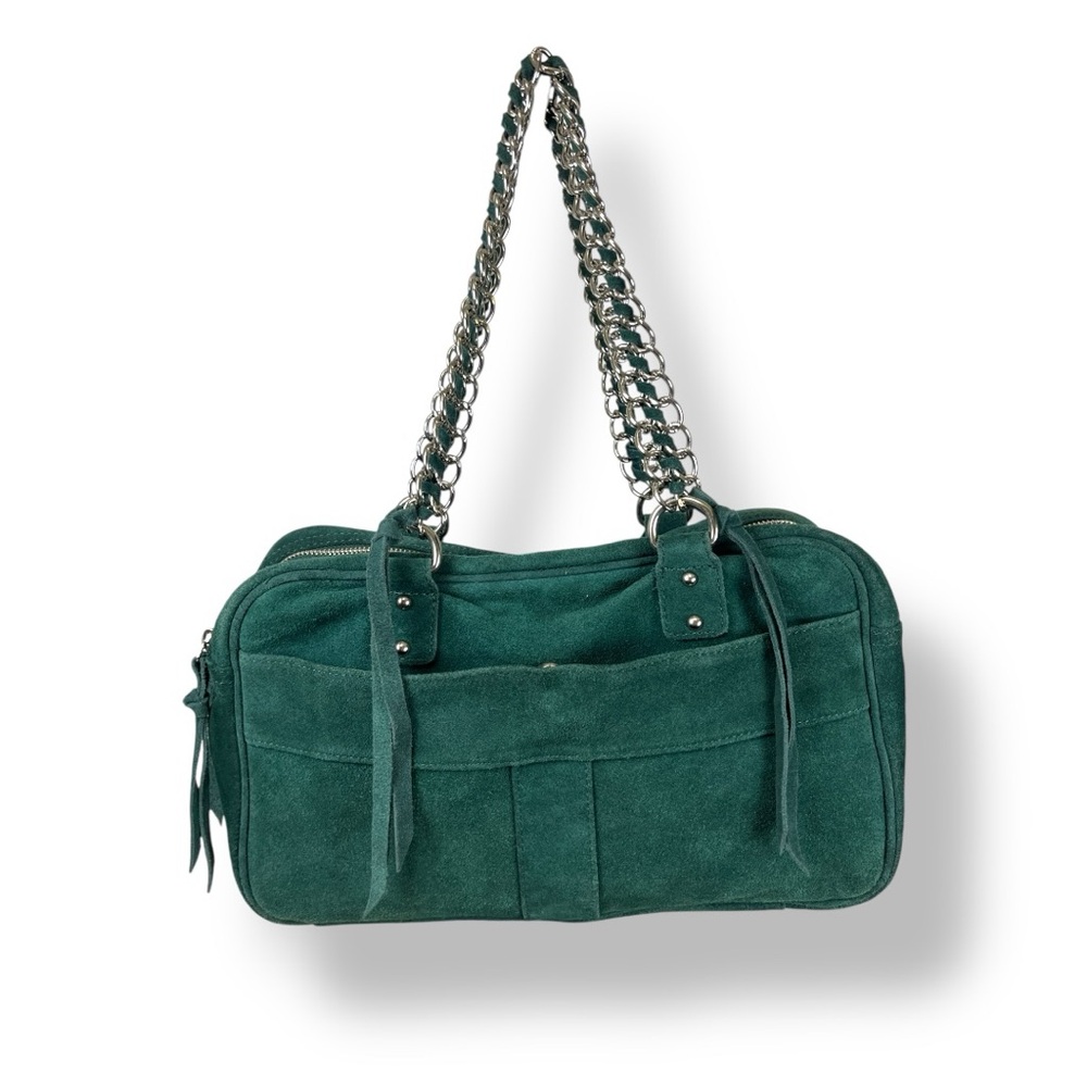 Green Suede Shoulder Bag | Y2K Silver | Soft Suede Leather